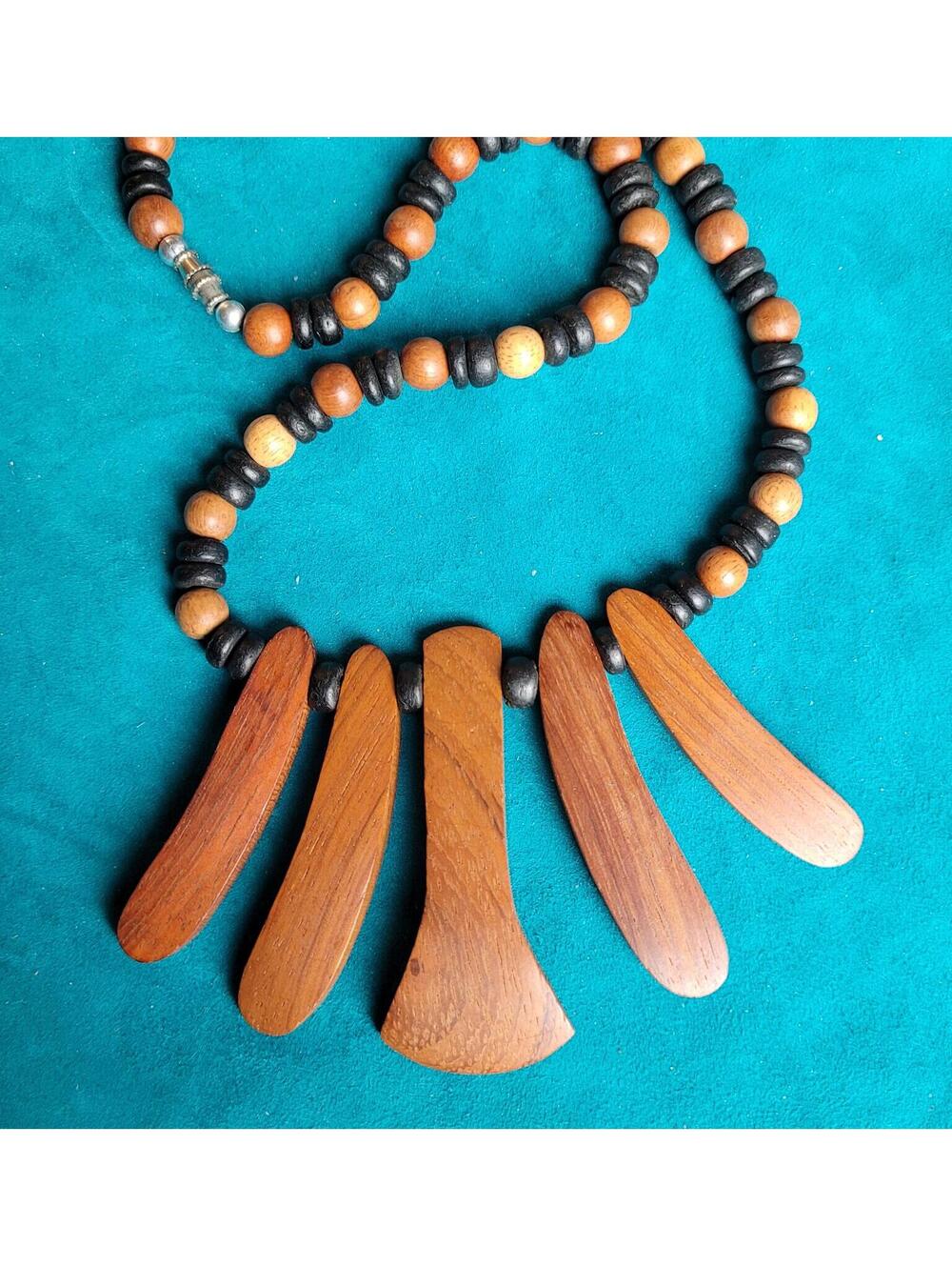 Vintage Style Wooden Beaded Necklace with Silver Tone Clasp